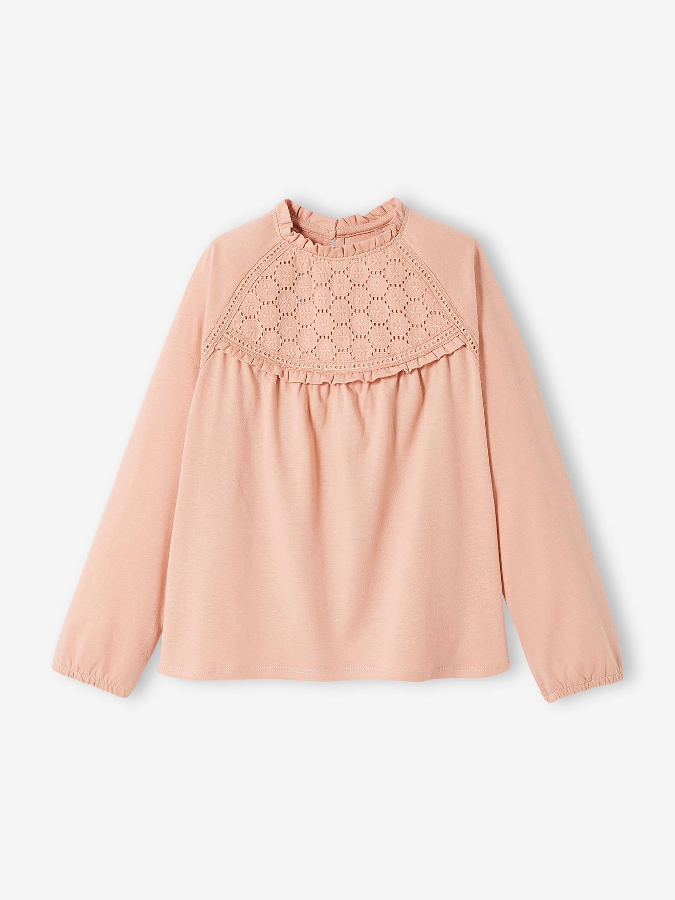 Tee-shirt blouse détail en broderie anglaise fille rose poudré