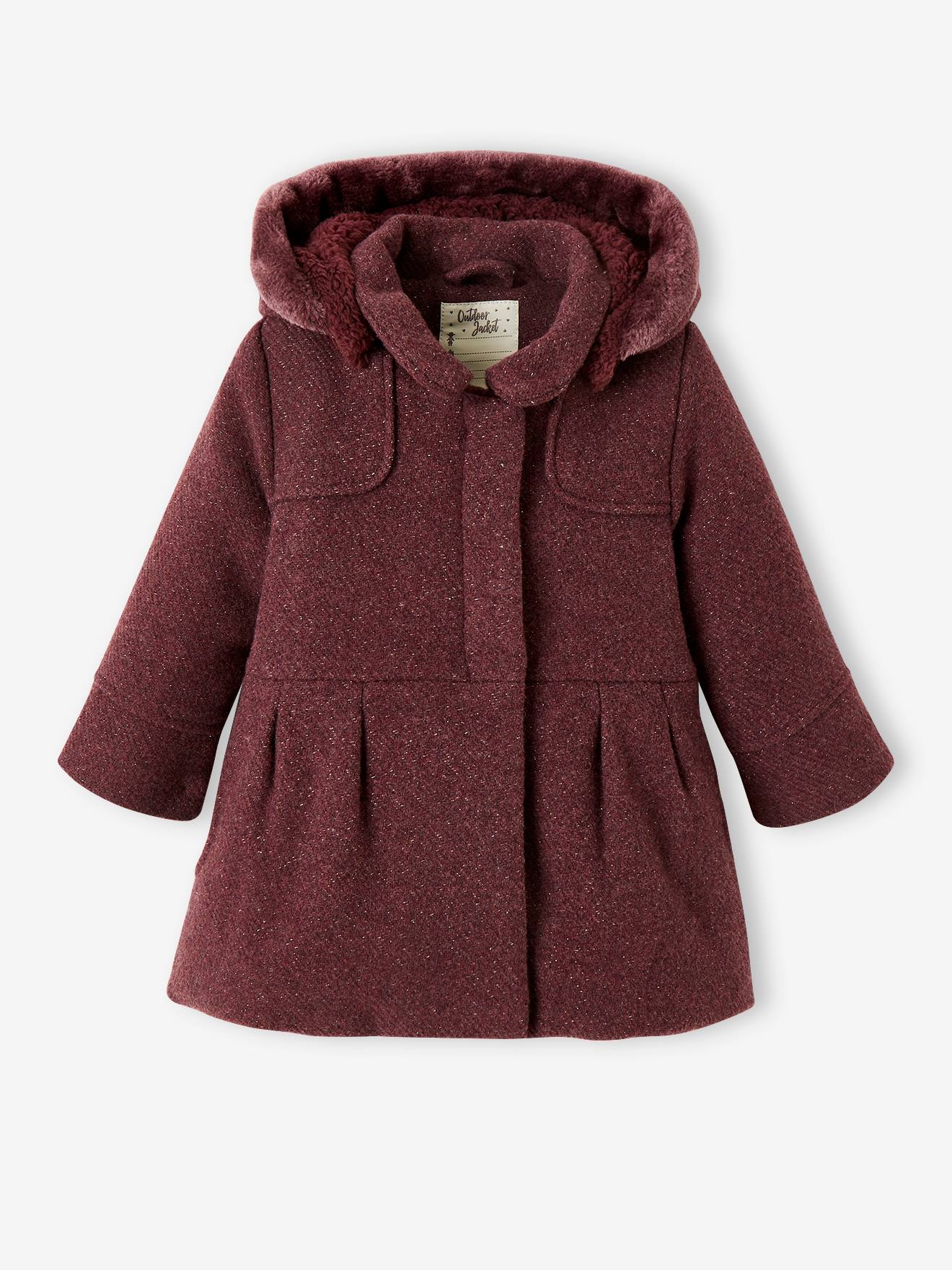 Manteau à capuche en drap de laine fille violine