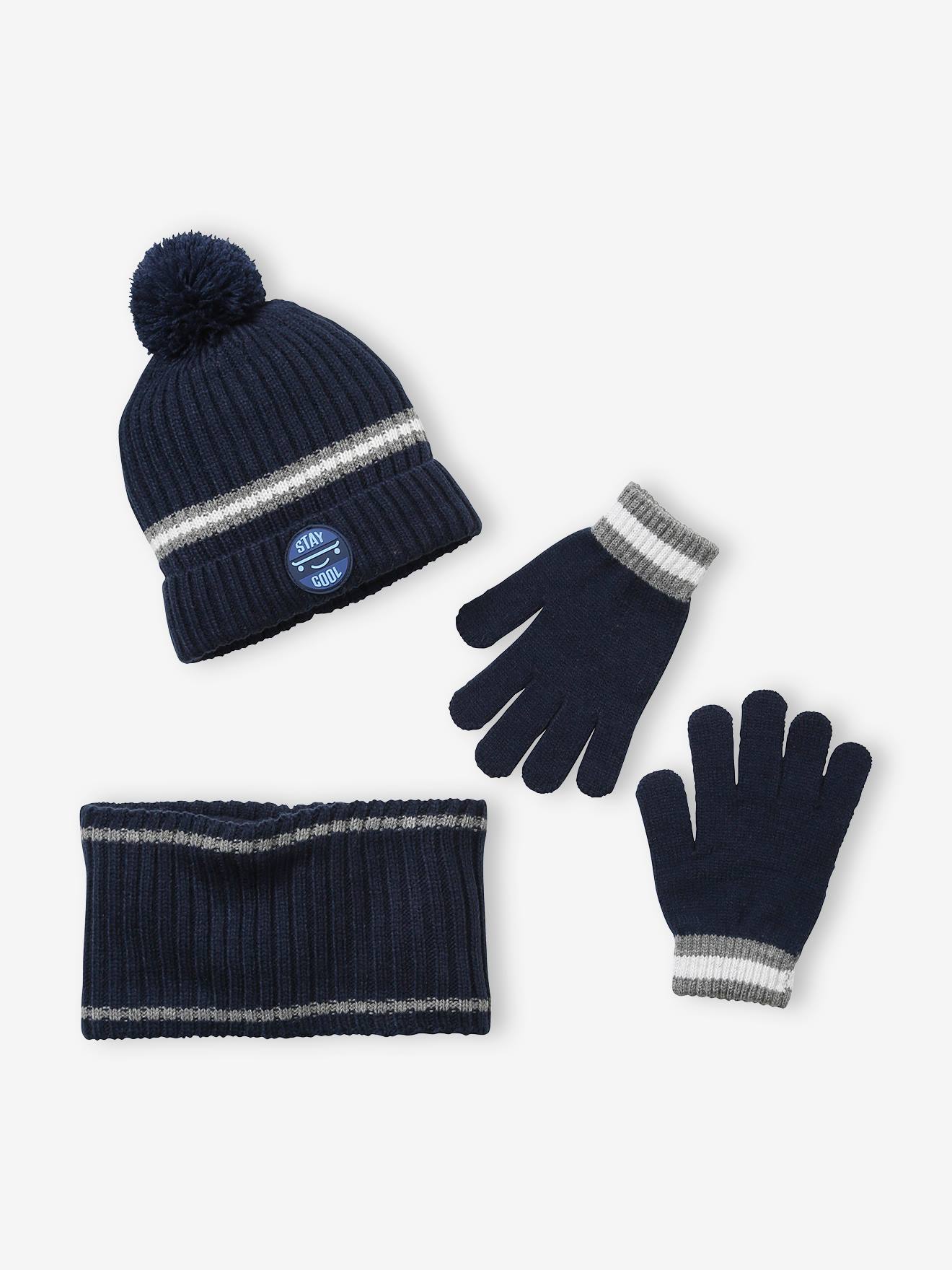 Ensemble garçon bonnet + snood + gants en maille côtelée marine