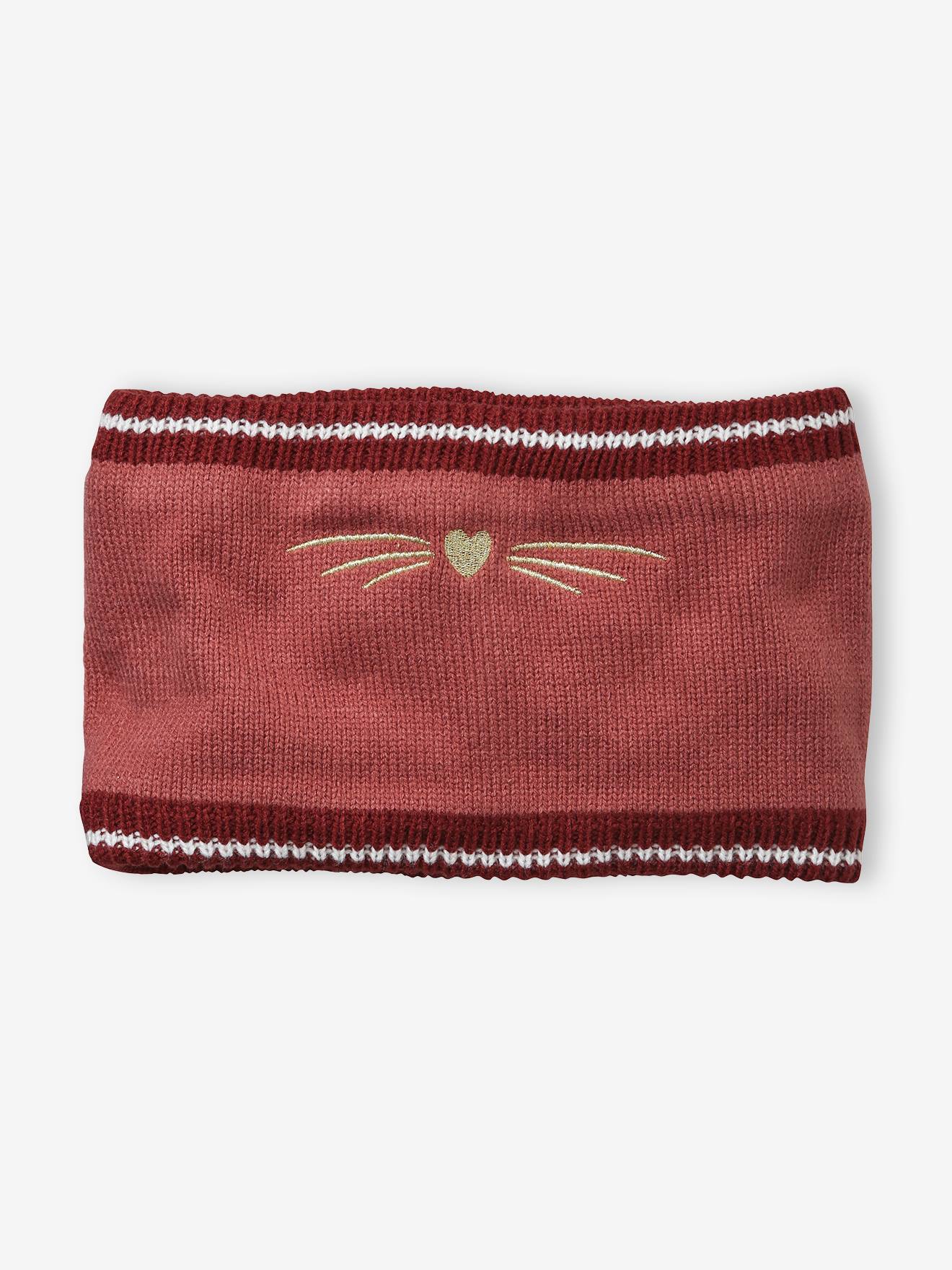 Snood brodé chat en maille côtelée rose foncé