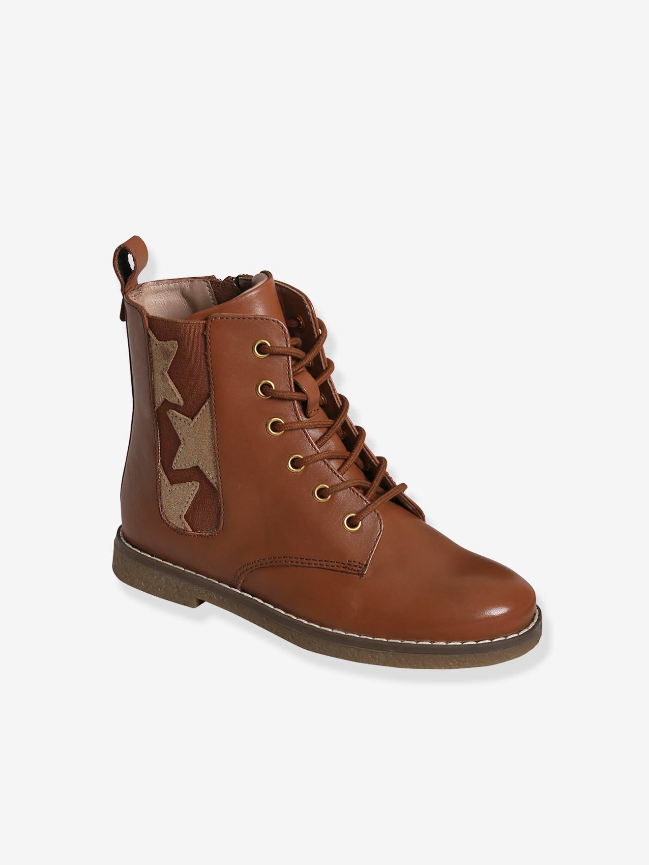 Bottines hautes lacées et zippées en cuir fille camel