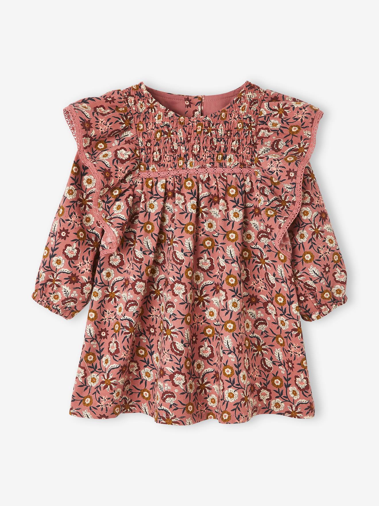 Robe fleurie bébé à smocks bois de rose imprimé