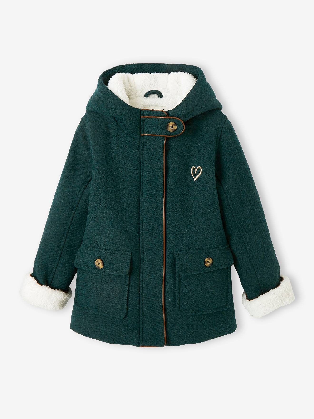Manteau à capuche fille drap de laine doublé sherpa vert foncé