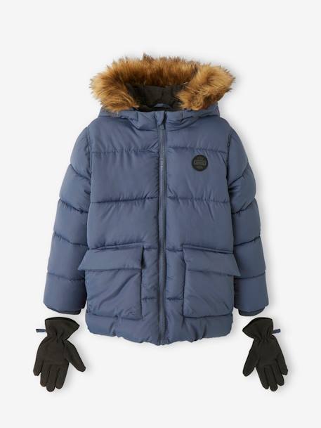 Garçon-Manteau, veste-Doudoune à capuche doublée polaire avec gants ou moufles garçon