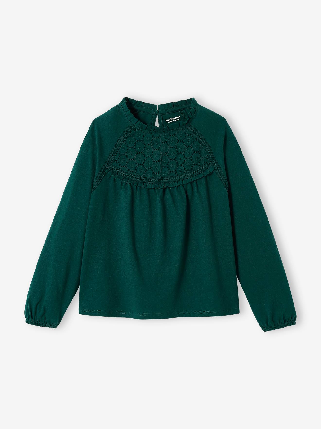 Tee-shirt blouse détail en broderie anglaise fille manches longues vert foncé