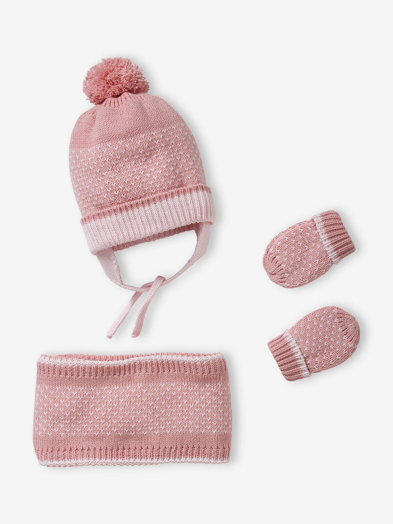 Ensemble en maille jacquard bonnet + snood + moufles bébé fille rose