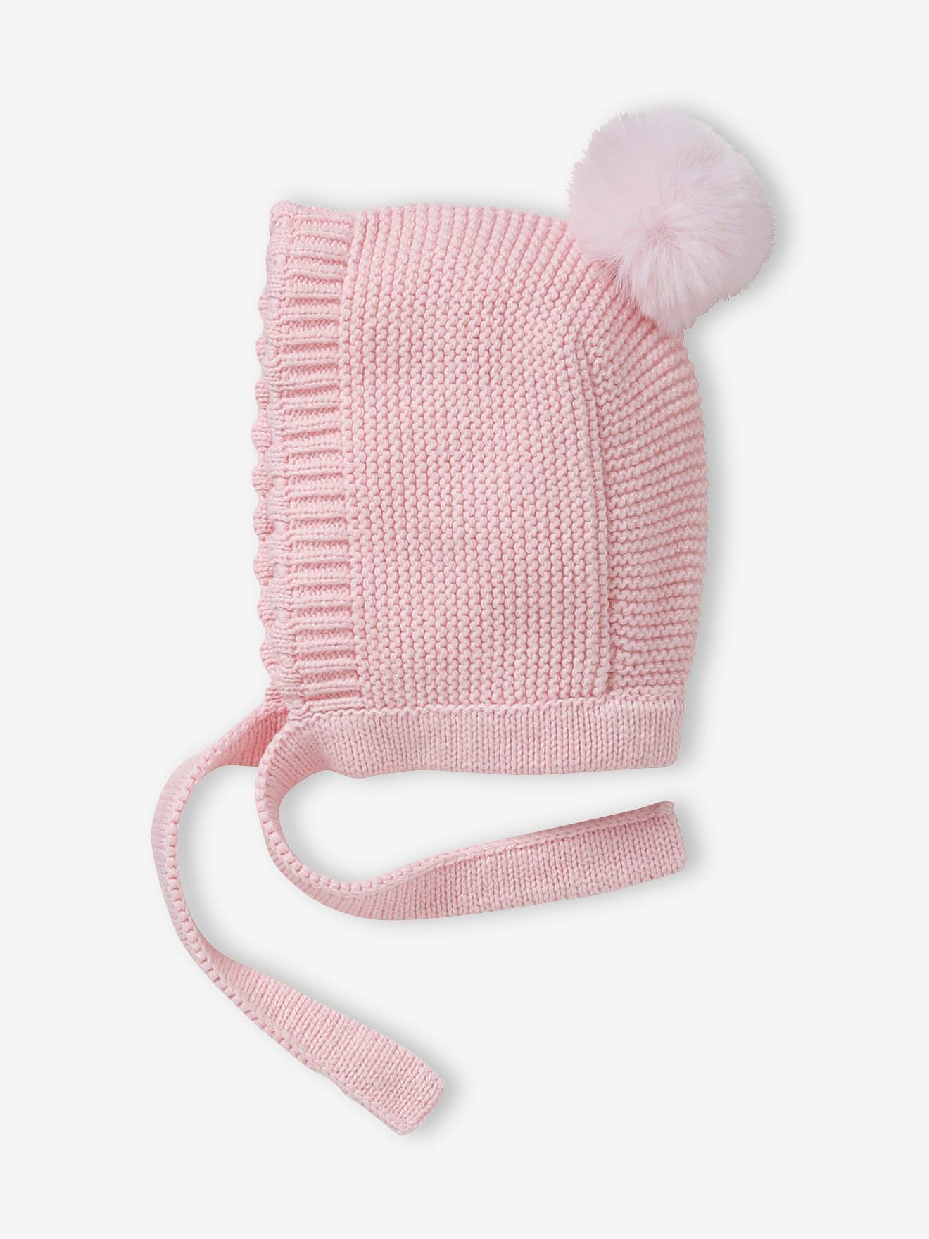 Bonnet forme capuche à pompon bébé fille rose