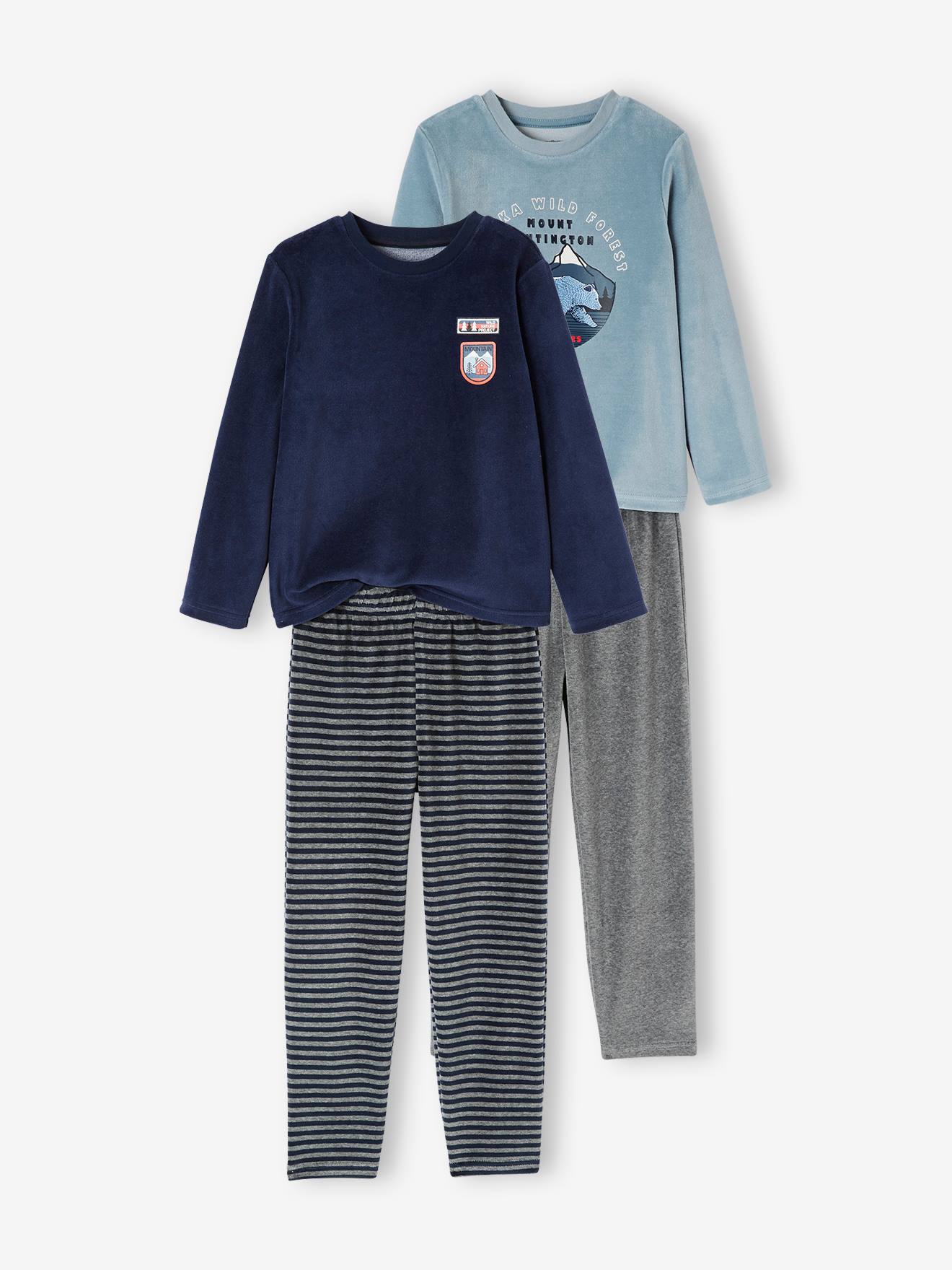 Lot de 2 pyjamas nature en velours garçon BASICS lot bleu et gris