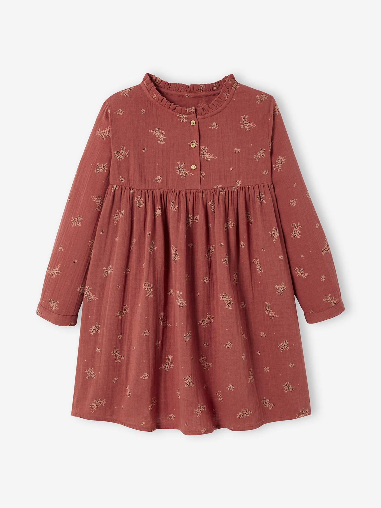 Robe en gaze de coton détails fantaisie fille bordeaux imprimé