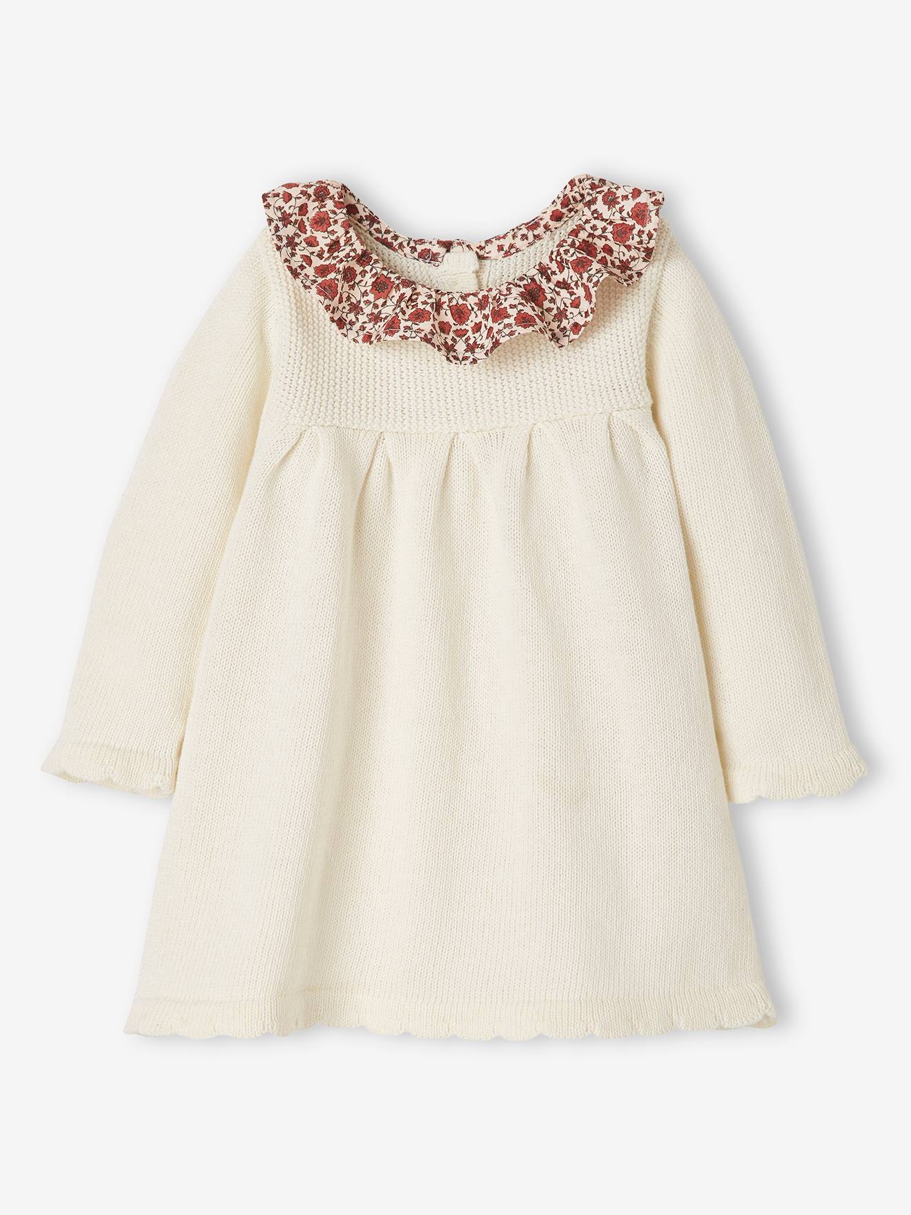 Robe en tricot bébé col en tissu fleuri ivoire