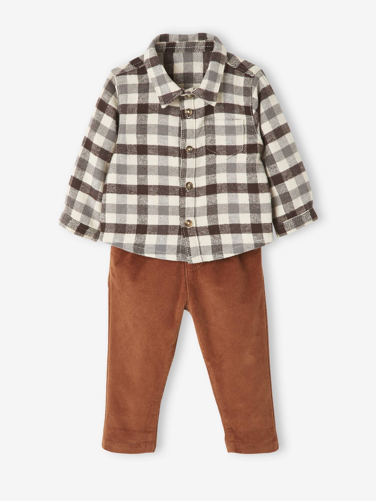 Ensemble bébé chemise en flanelle + pantalon en velours carreaux anthracite