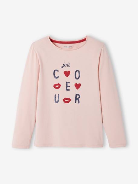 T-shirt Basics message irisé fille manches longues rose poudré+vert foncé 2 - vertbaudet enfant 