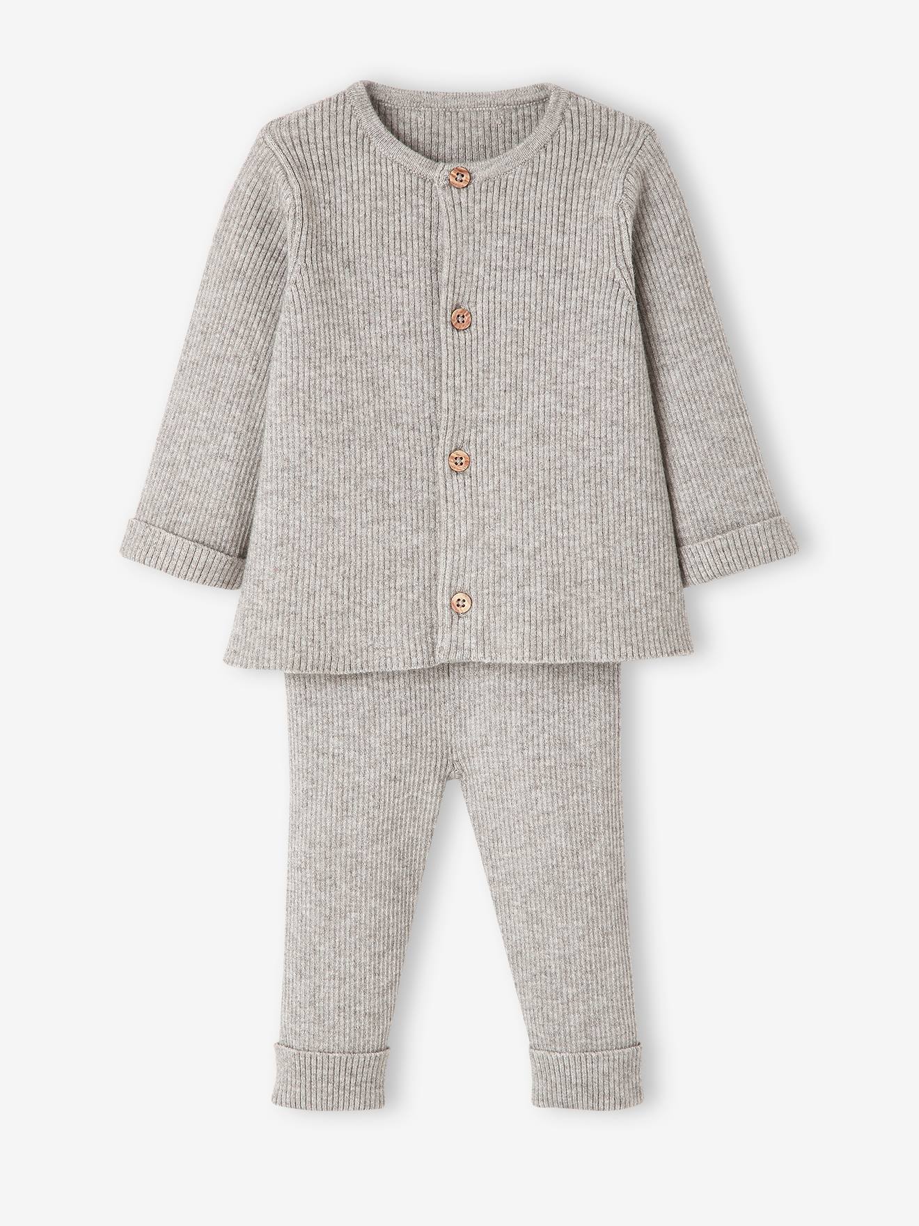 Ensemble bébé mixte gilet pantalon en tricot gris clair chiné (Vertbaudet) - Image 1