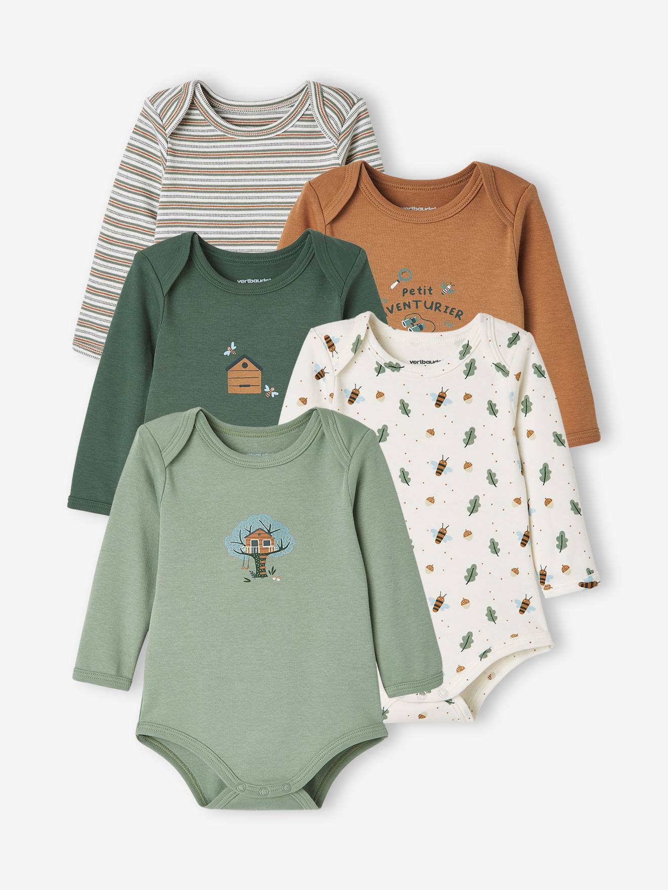 Lot de 5 bodies manches longues bébé emmanchure US lot kaki foncé