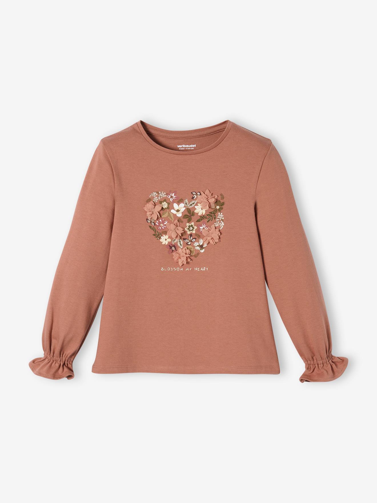 T-shirt romantique animation en relief et détails irisés fille marron