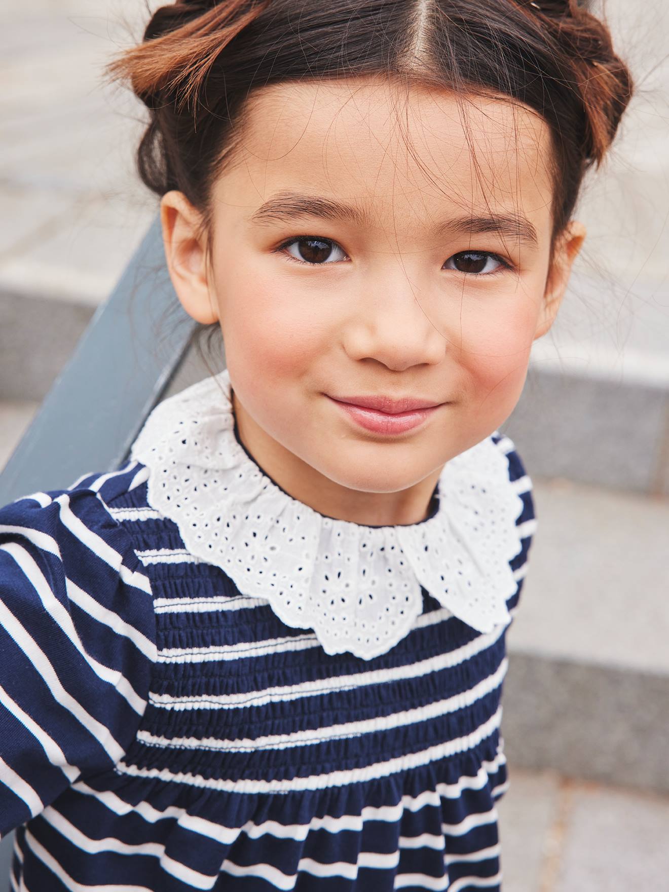 T-shirt blouse col en broderie anglaise fille manches longues marine rayé