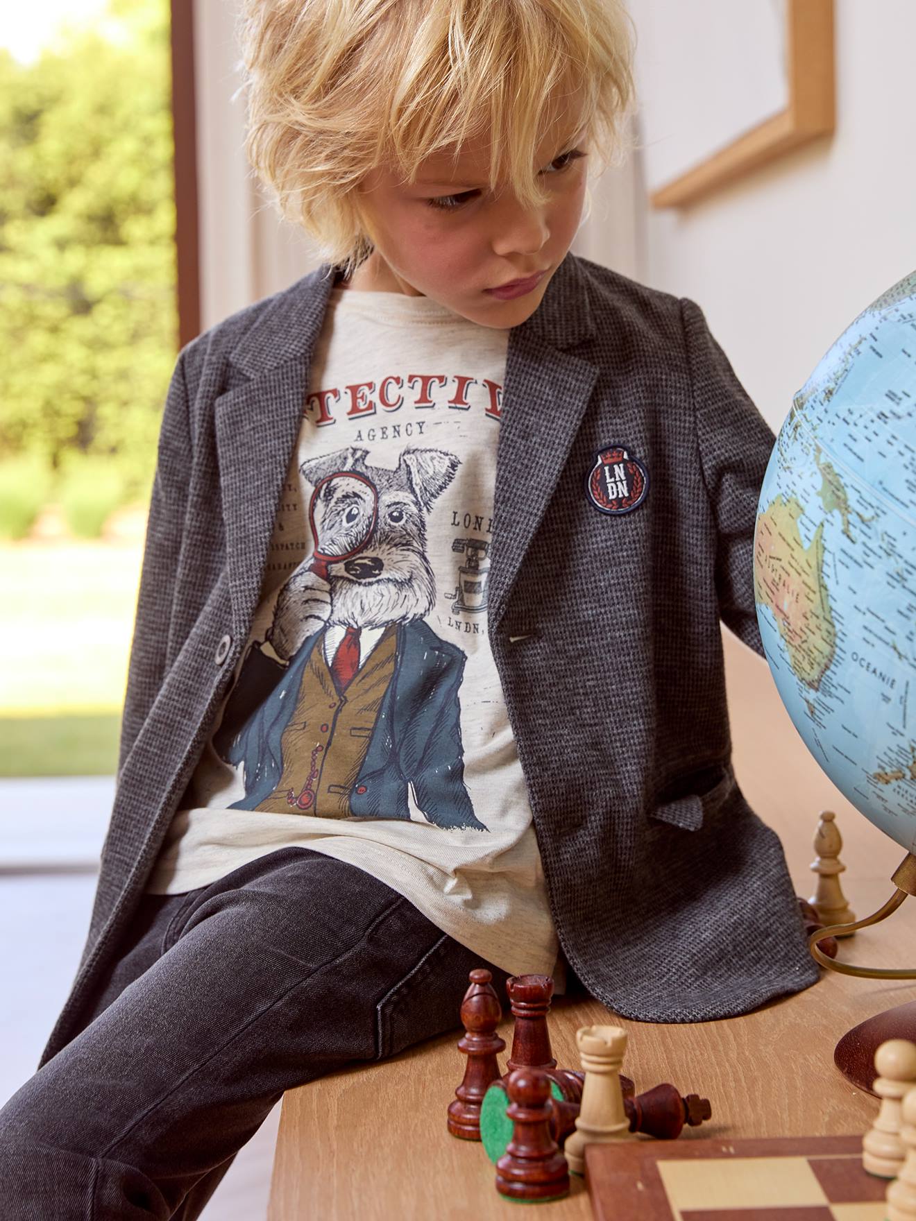 Veste à carreaux en lainage garçon avec badge brodé carreaux gris