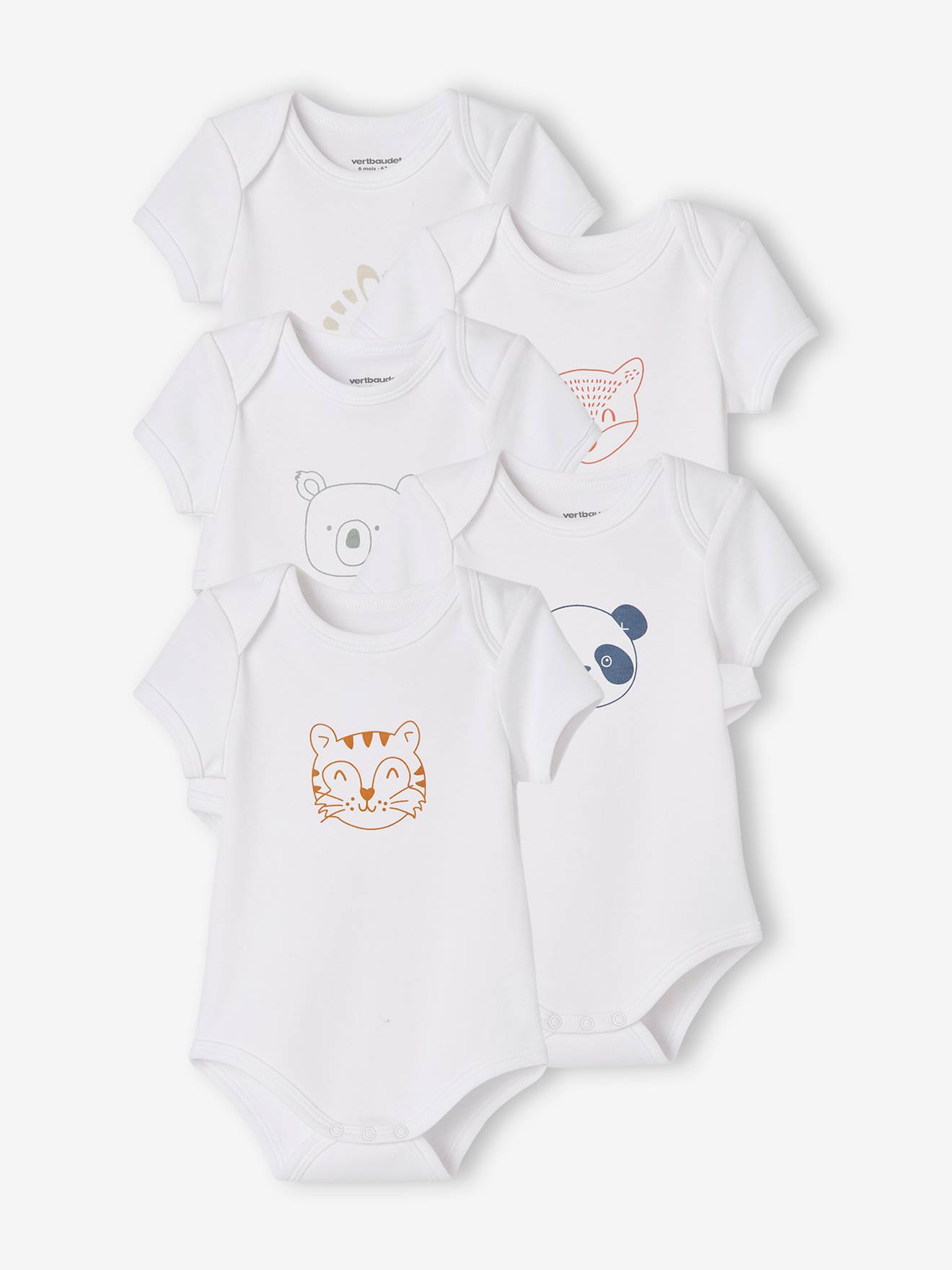 Lot de 5 bodies « animaux » bébé naissance ouverture US manches courtes BASICS lot blanc