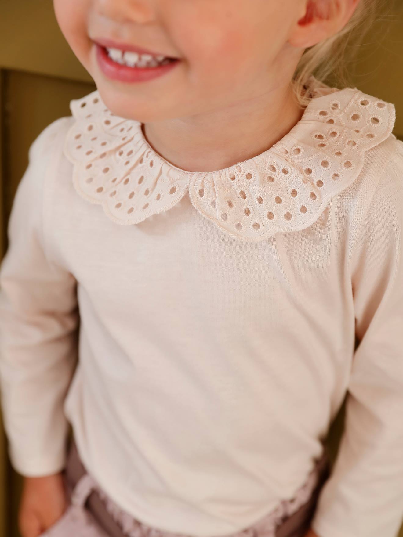 T-shirt bébé col brodé manches longues beige clair (Vertbaudet) - Image 2