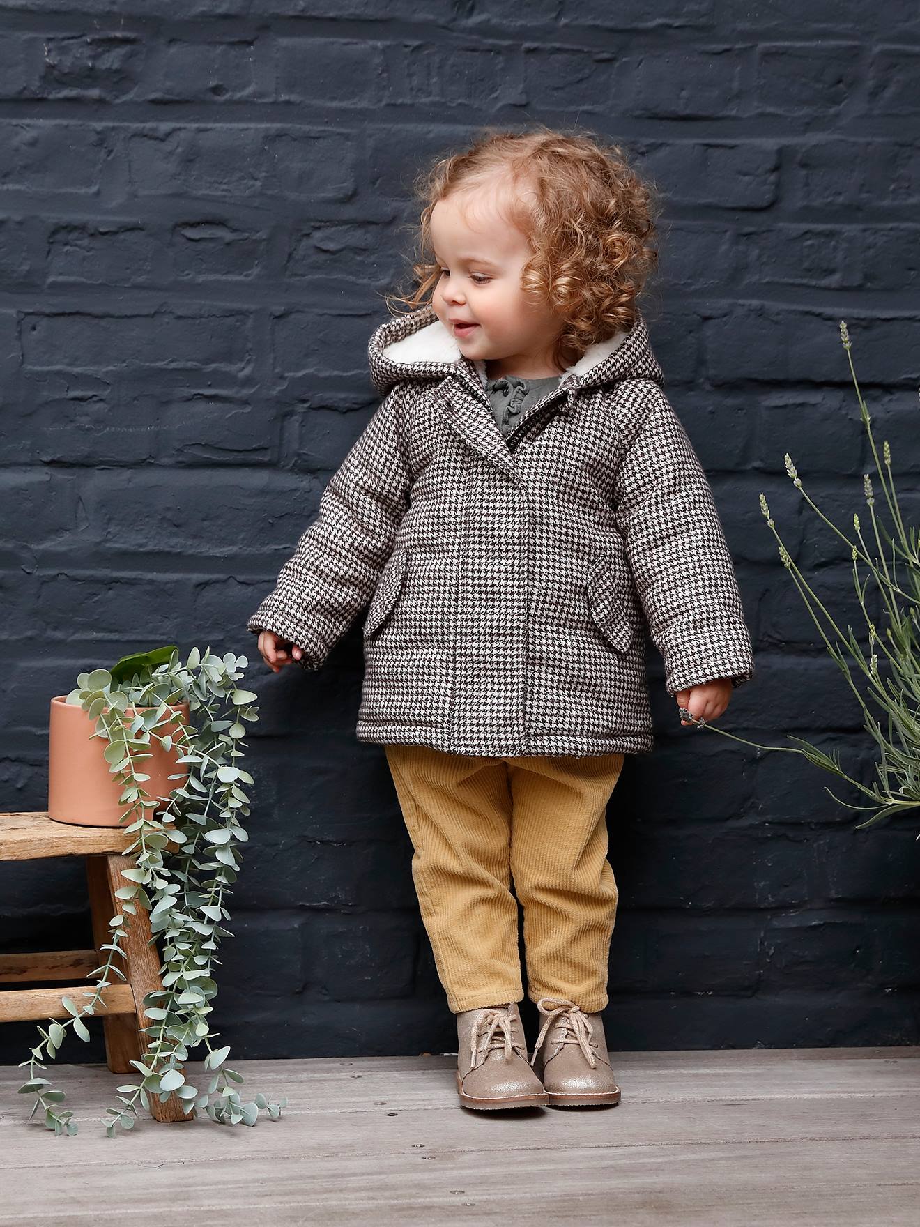 Manteau à capuche pied de puce bébé doublé imitation fourrure carreaux marron