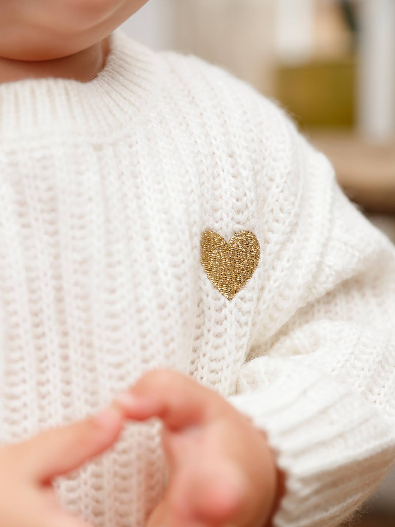 Pull tricot bébé coeur doré ivoire (Vertbaudet) - Image 1