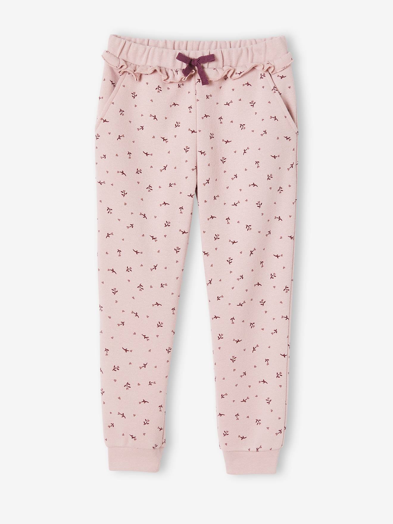 Pantalon jogging volanté fille imprimé fleurs rose