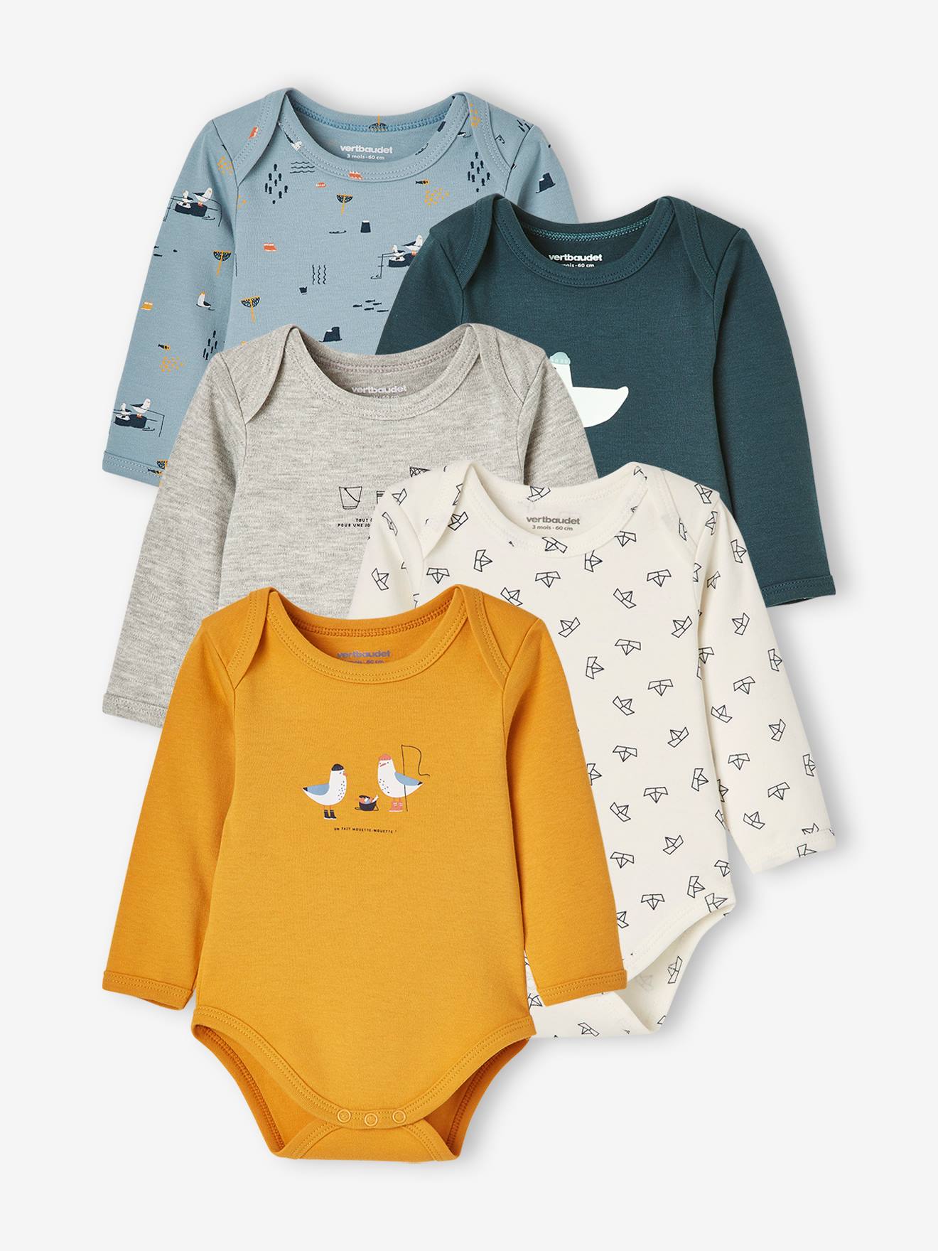 Lot de 5 bodies manches longues bébé emmanchure US lot jaune épicé