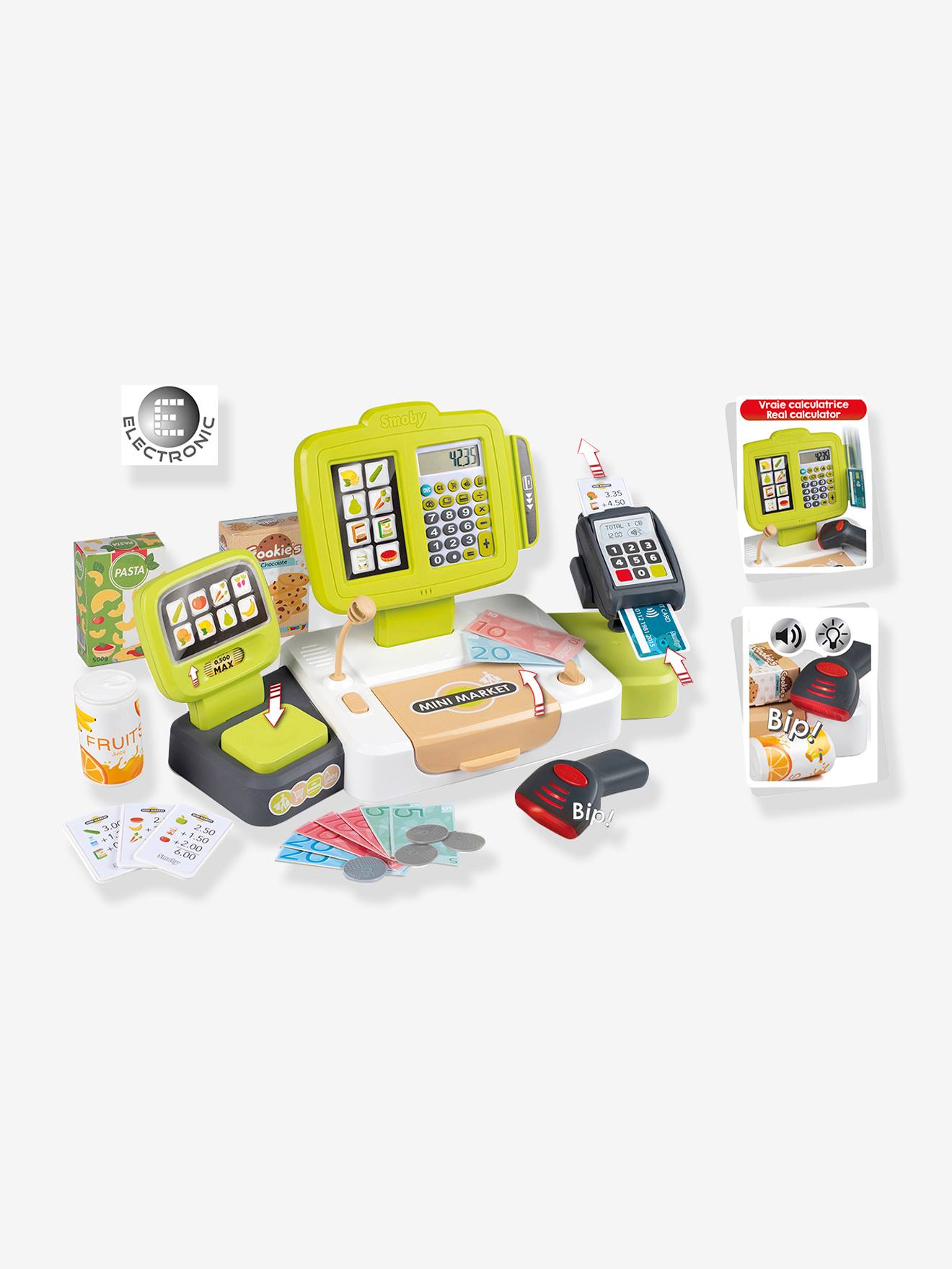 Buyger Caisse enregistreuse jouet pour enfants, jouet pour enfants avec scanner, machine à soulever, peser les légumes, jouer à la caisse, accessoires cadeaux pour enfants de 3, 4, 5 ans et plus