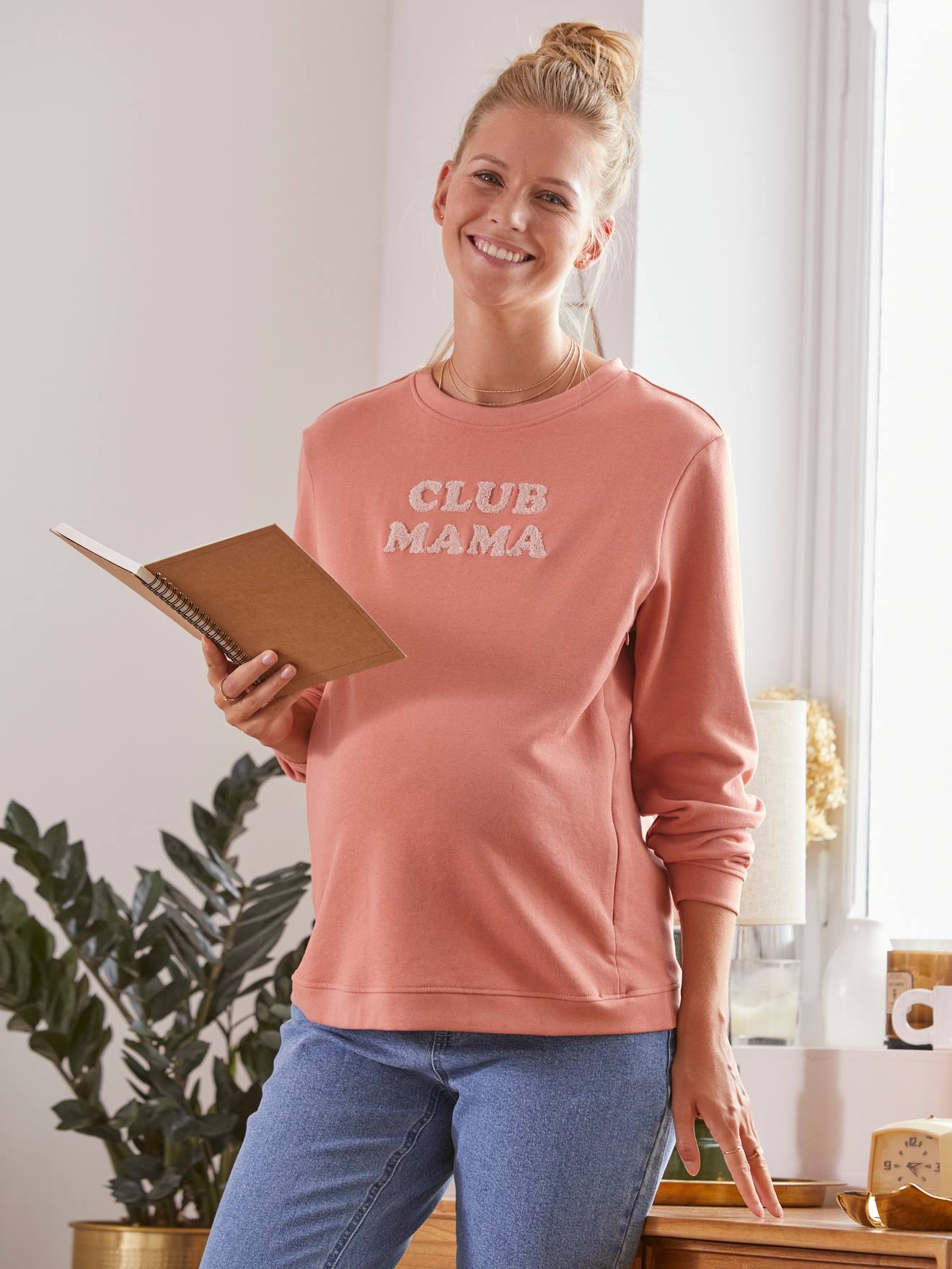 Sweat molleton à message grossesse et allaitement rose blush