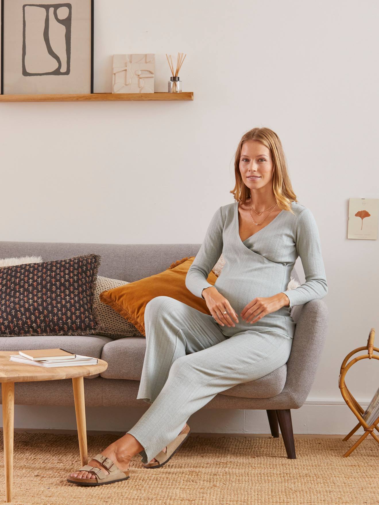 Ensemble pyjama short maternité et allaitement – Vert sauge
