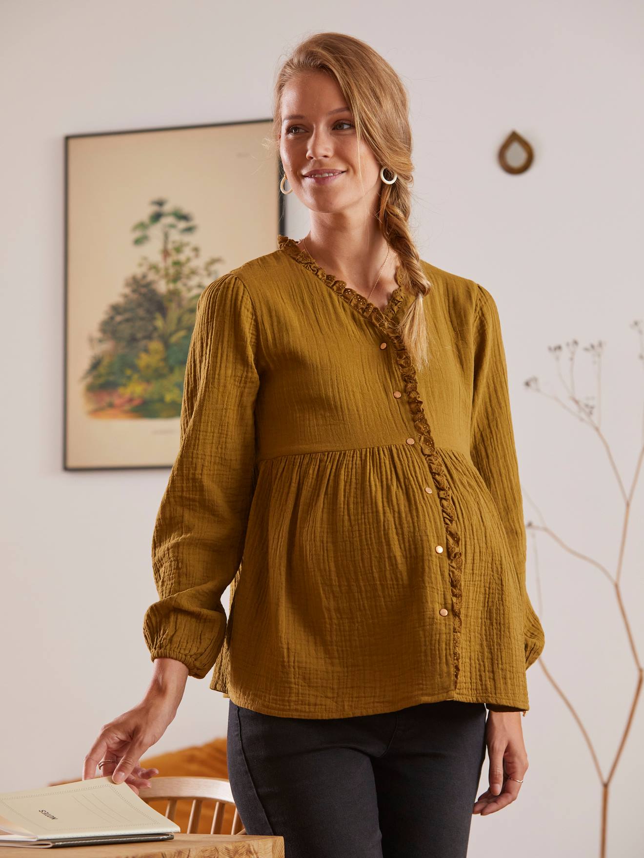 Blouse gaze de coton de grossesse et d'allaitement kaki