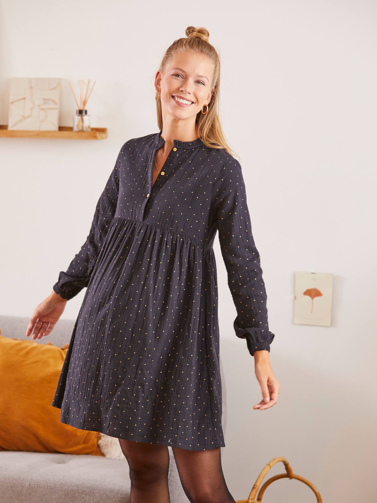 Robe imprimée gaze de coton grossesse et allaitement noir à pois
