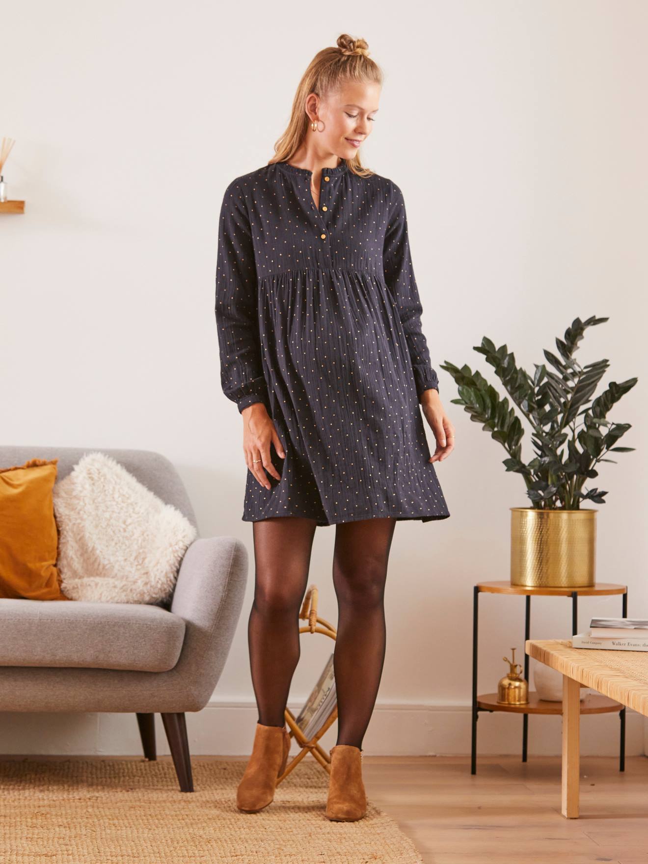 Robe imprimée gaze de coton grossesse et allaitement noir à pois