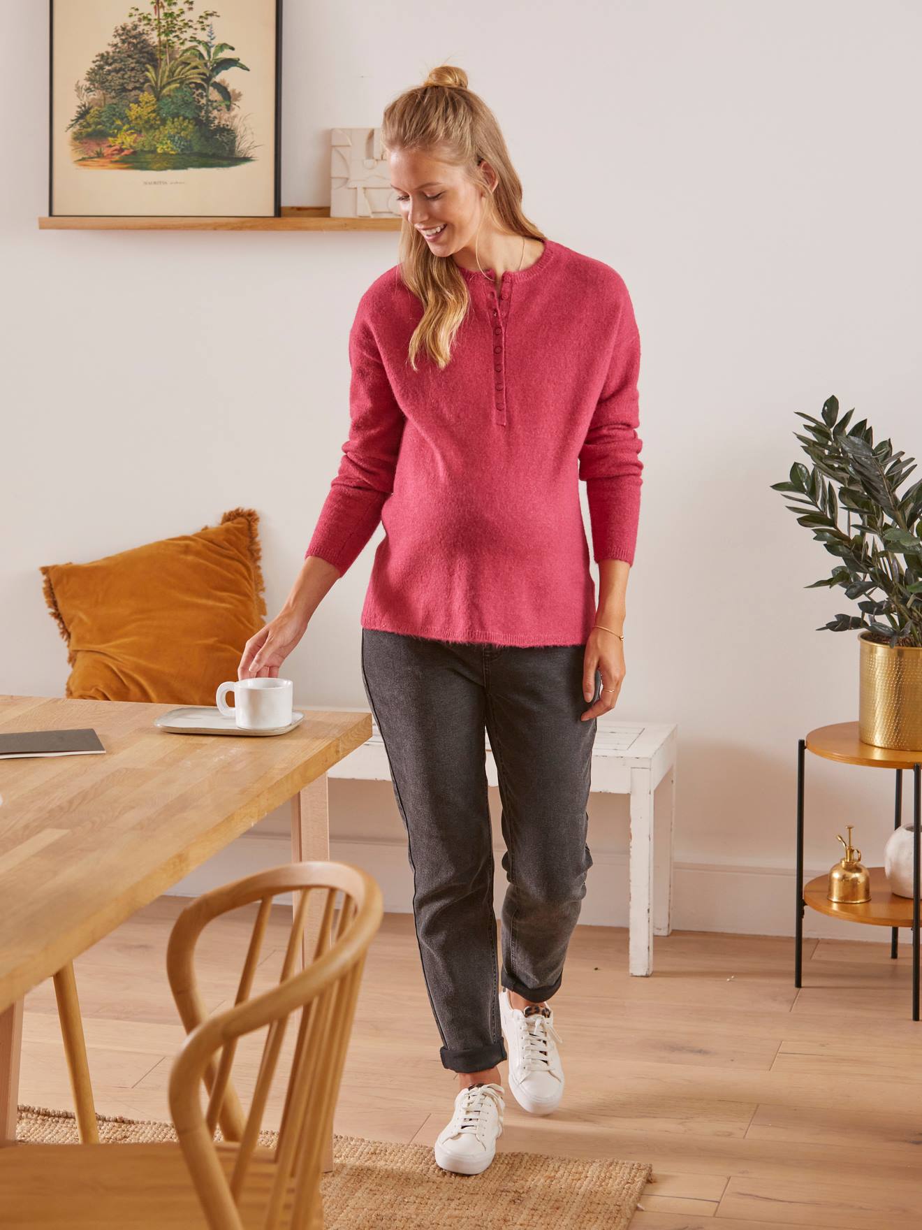 Pull col tunisien grossesse et allaitement fuschia