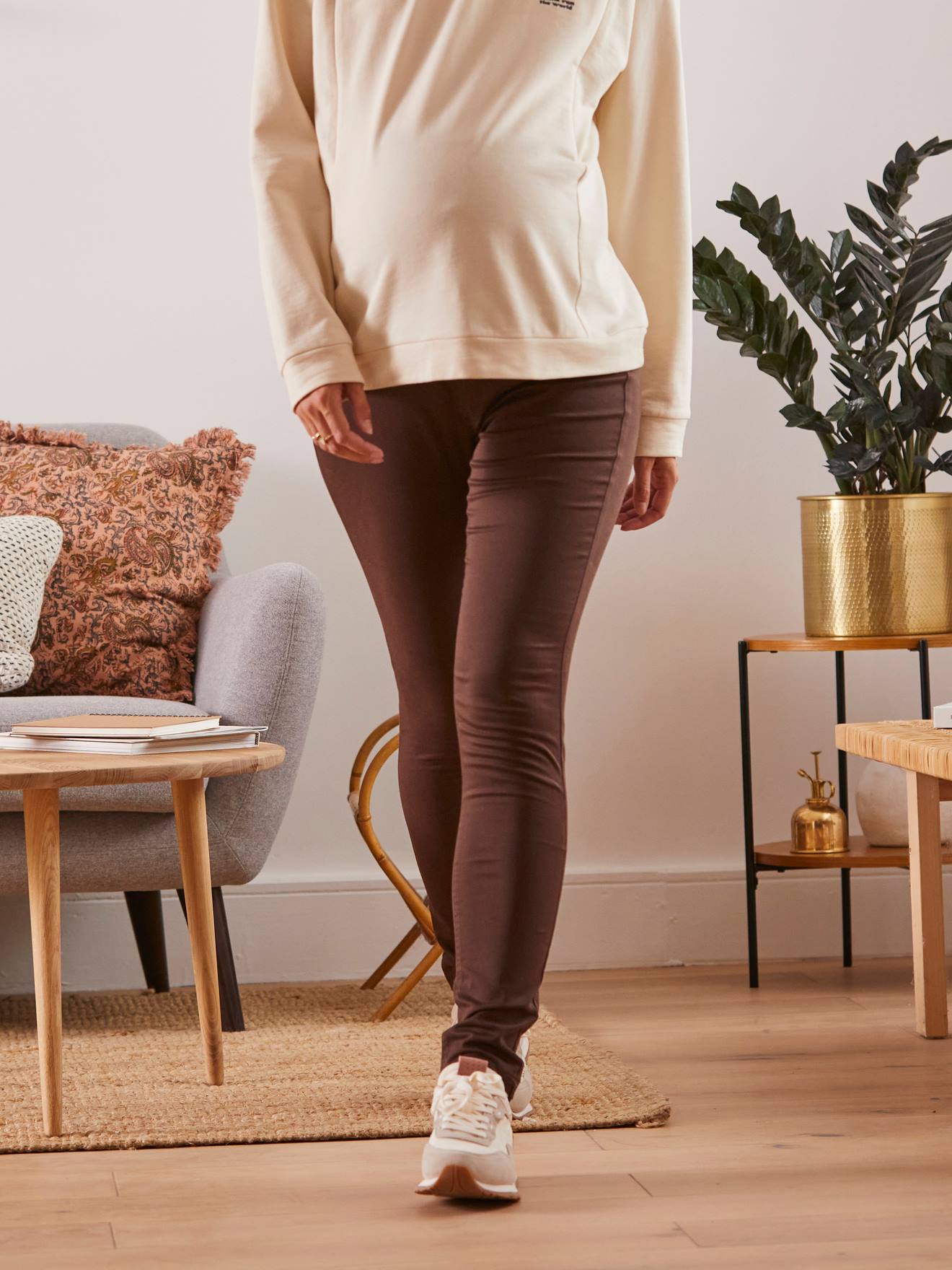 Skinny de grossesse en toile stretch marron chocolat