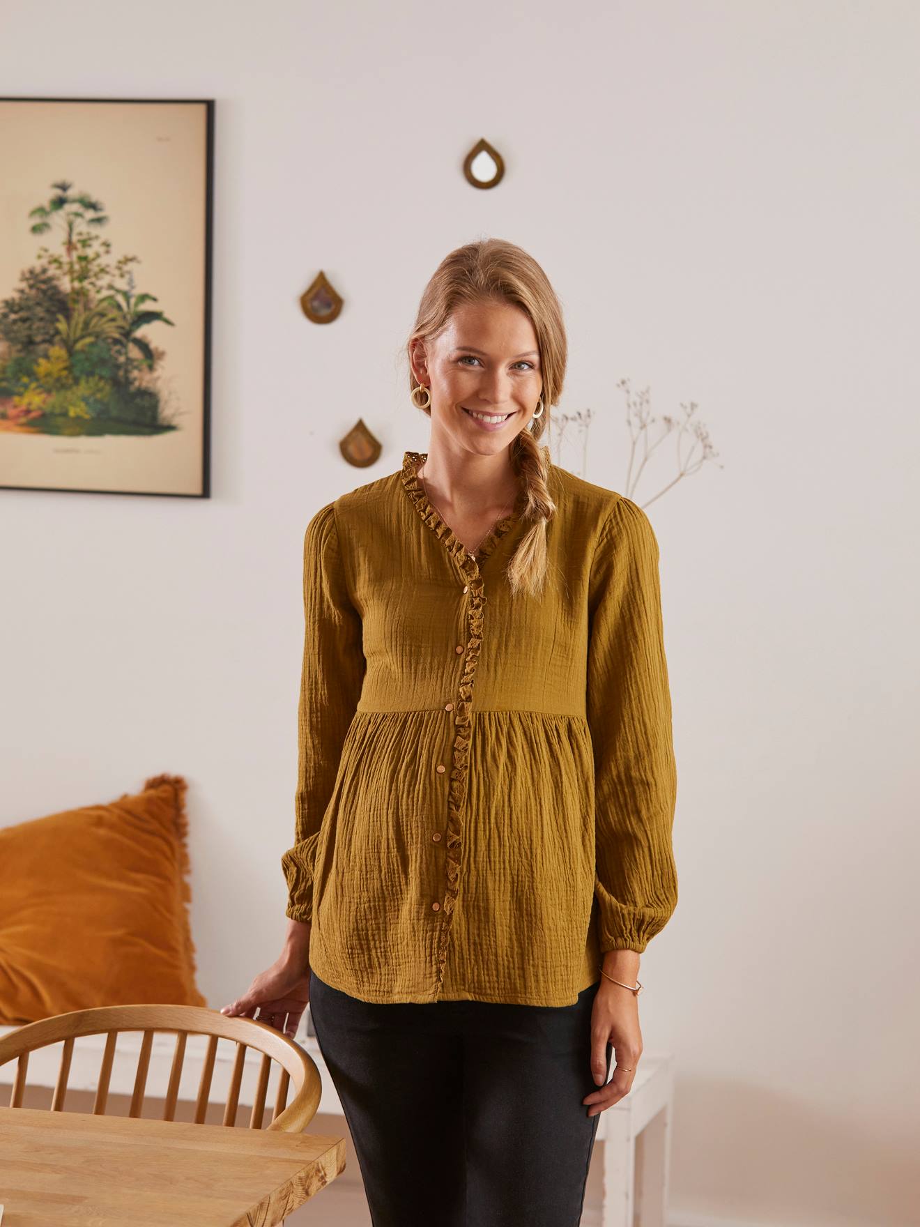 Blouse gaze de coton de grossesse et d'allaitement kaki