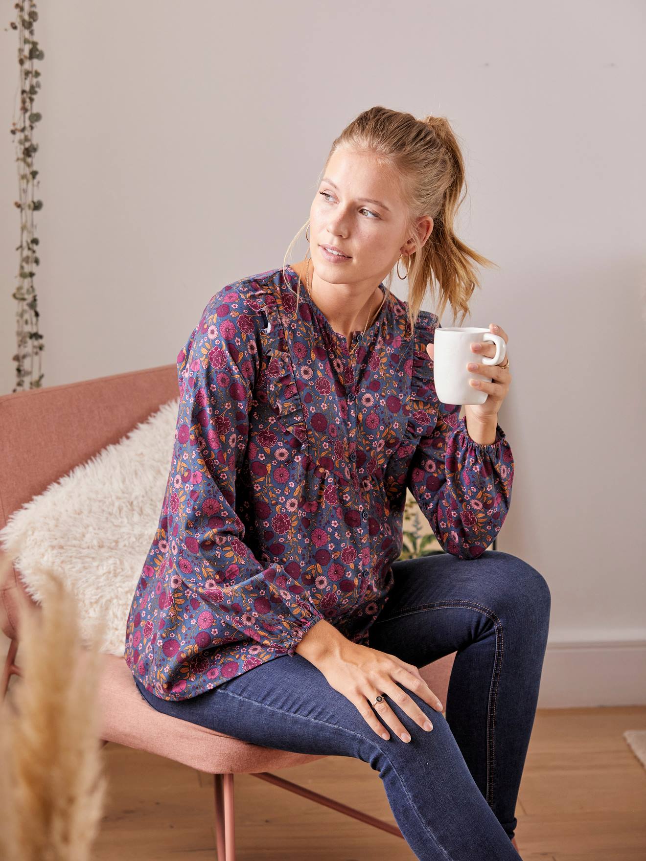 Blouse imprimée boutonnée grossesse et allaitement bleu marine