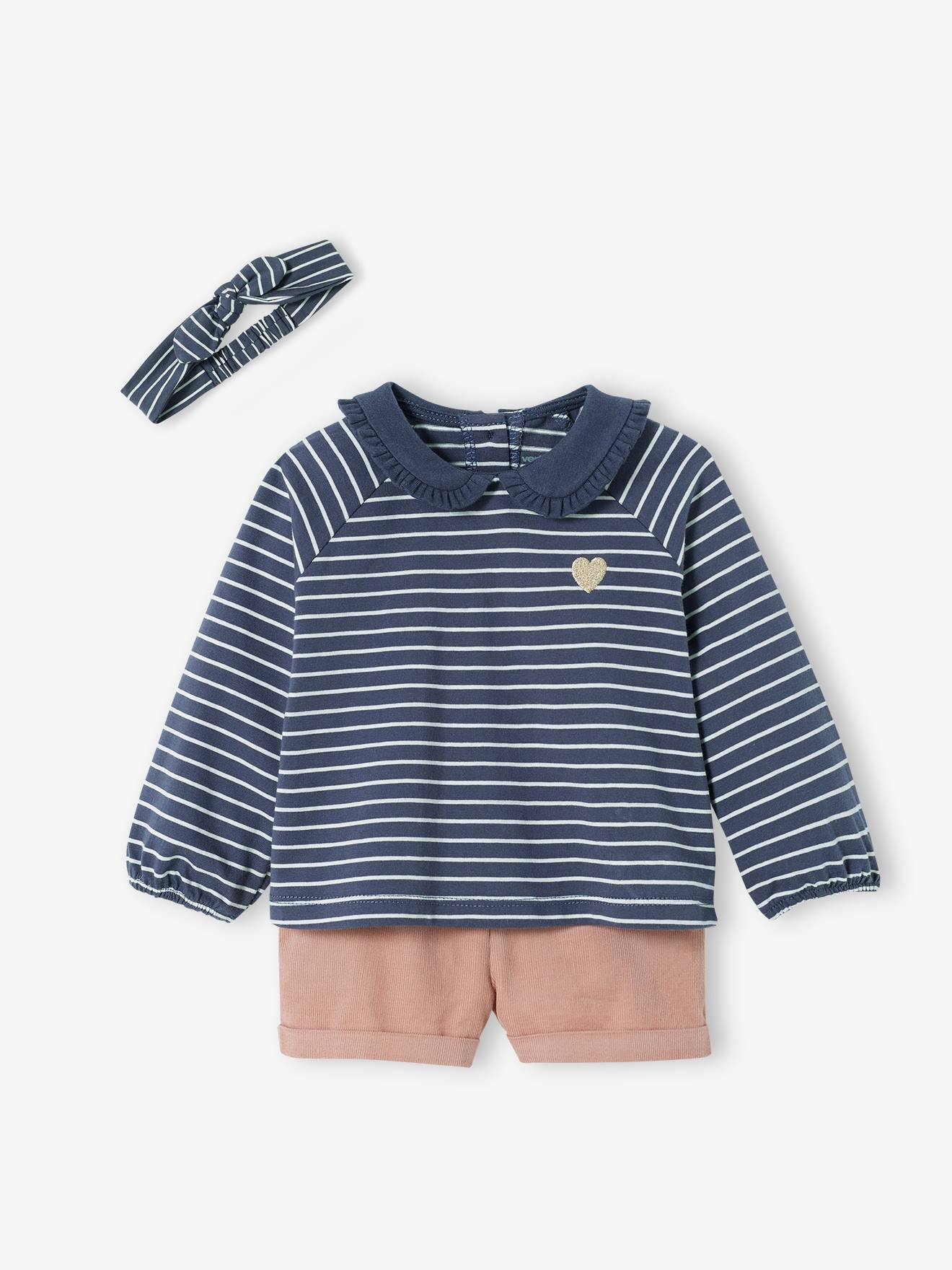 Ensemble 3 pièces bébé short en velours, T-shirt et bandeau bleu foncé rayé