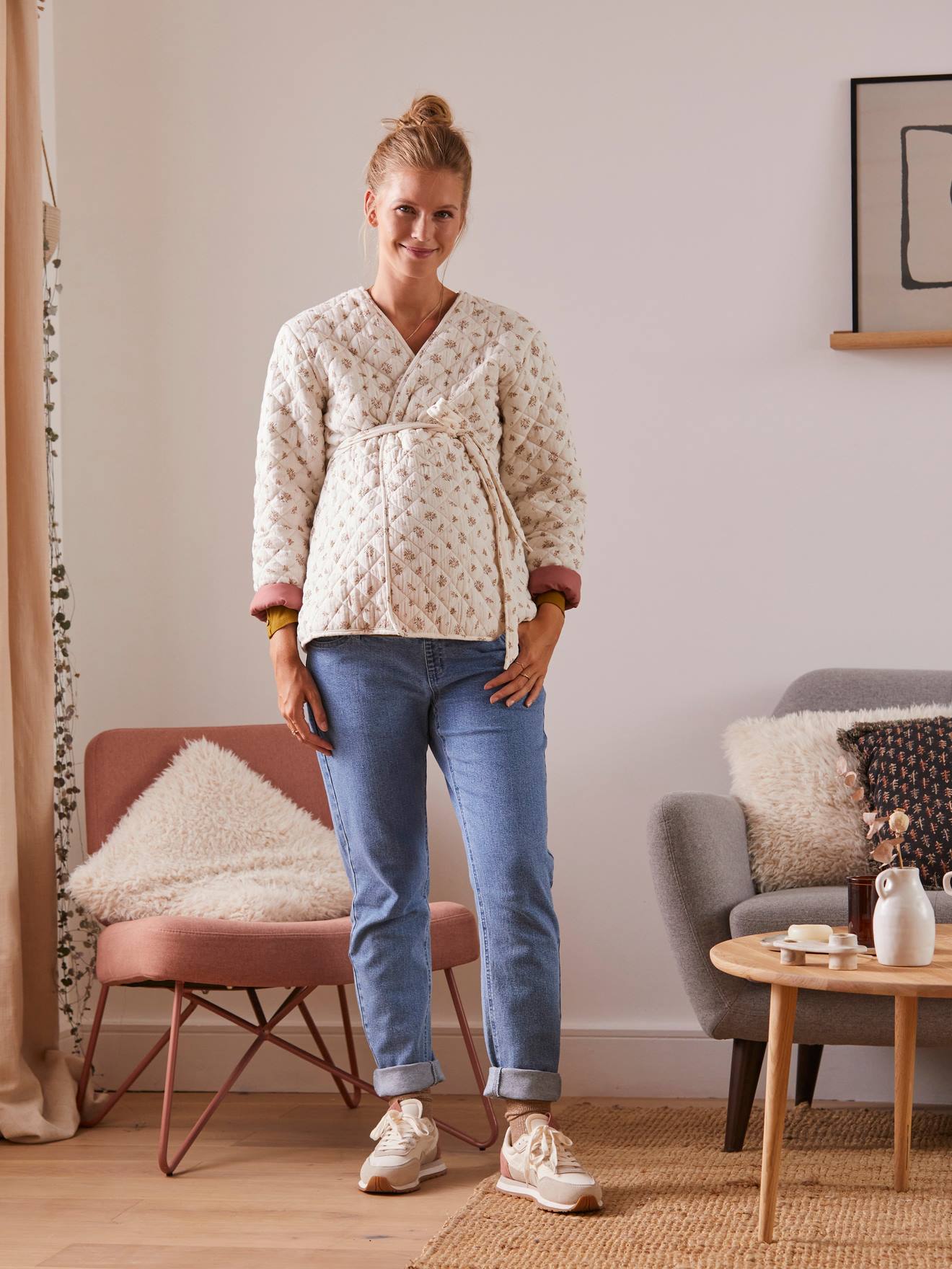 Veste matelassée gaze de coton grossesse et allaitement rose imprimé