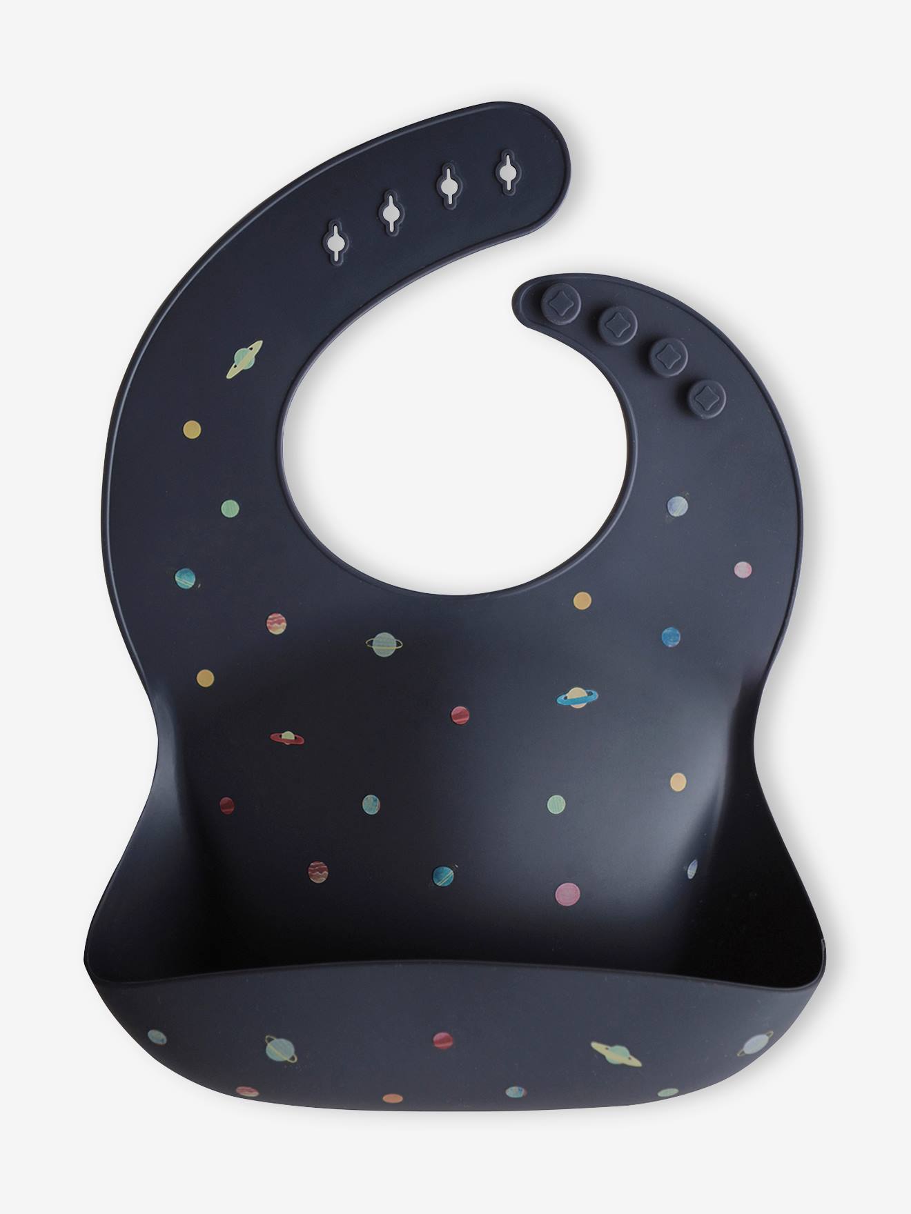 Bavoir avec récupérateur en silicone bleu nuit/planètes (Mushie) - Couverture