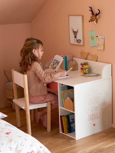 Bureau Enfant Maternelle BUNNY - Blanc Et Vieux Rose - Avec Tiroirs Et Niches - Oreilles De Lapin - Idéal Pour Les Petits