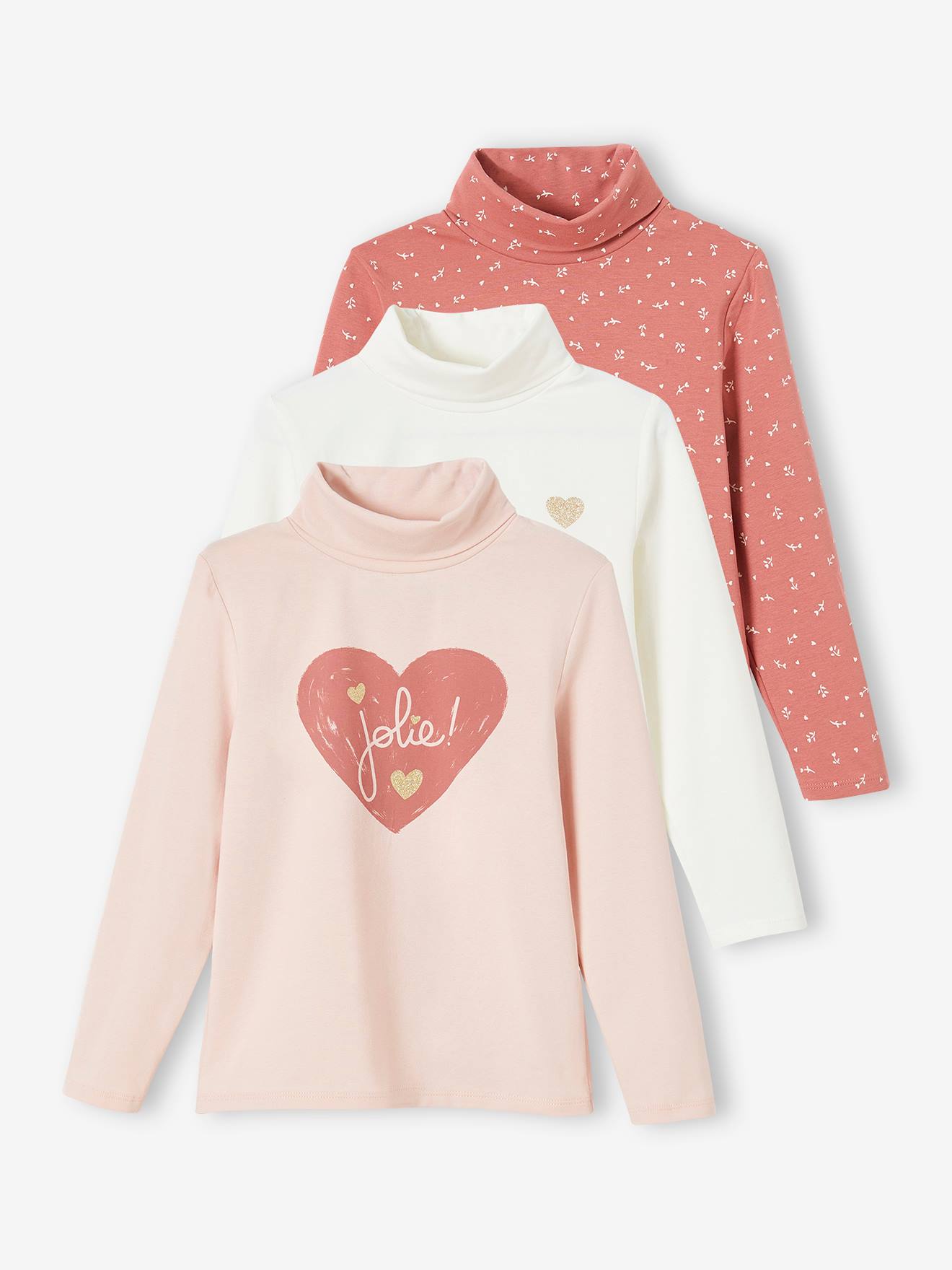 Lot de 3 T-shirts col roulé fille lot rose poudré