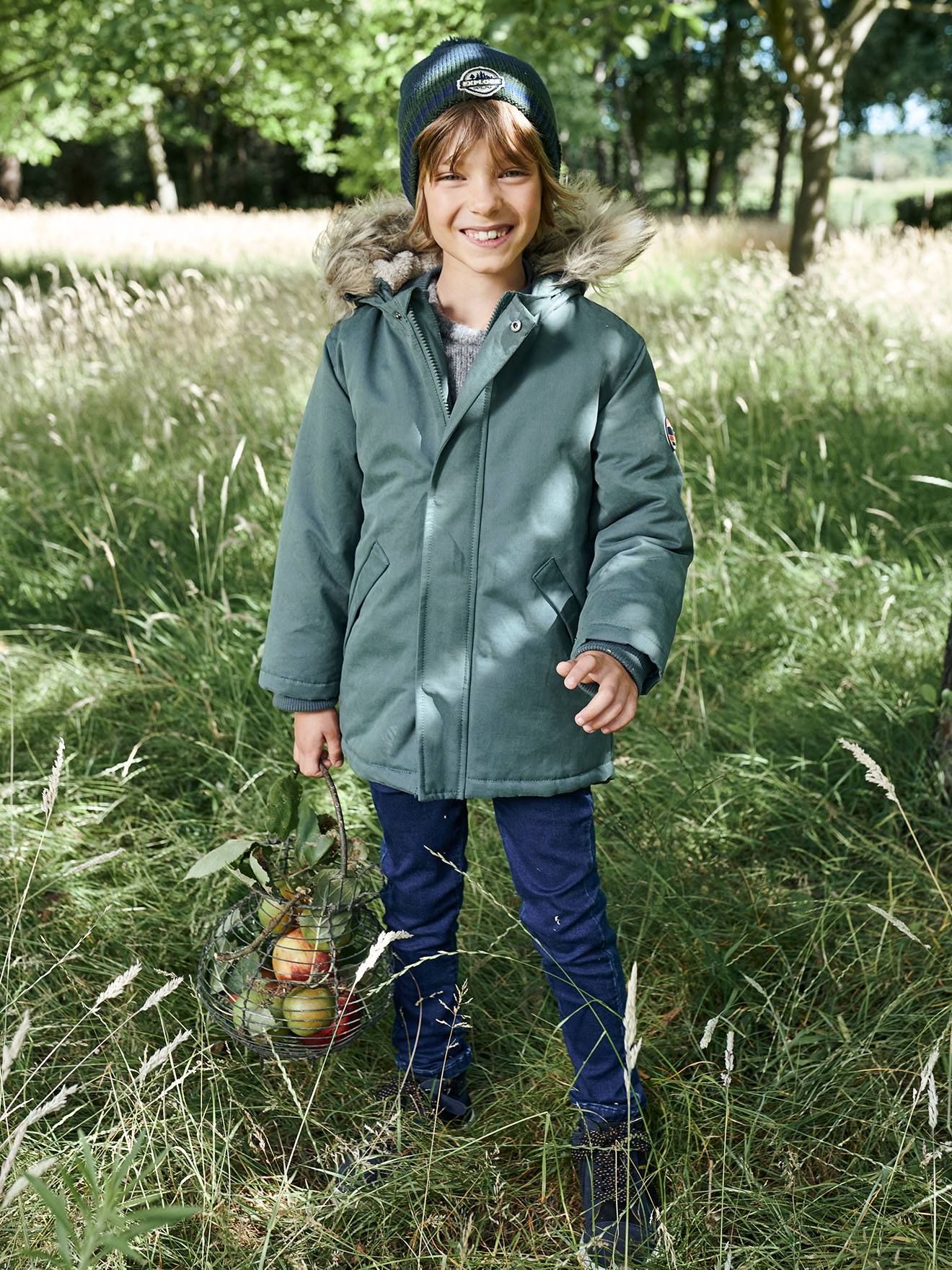 Parka à capuche doublée sherpa garçon vert de gris
