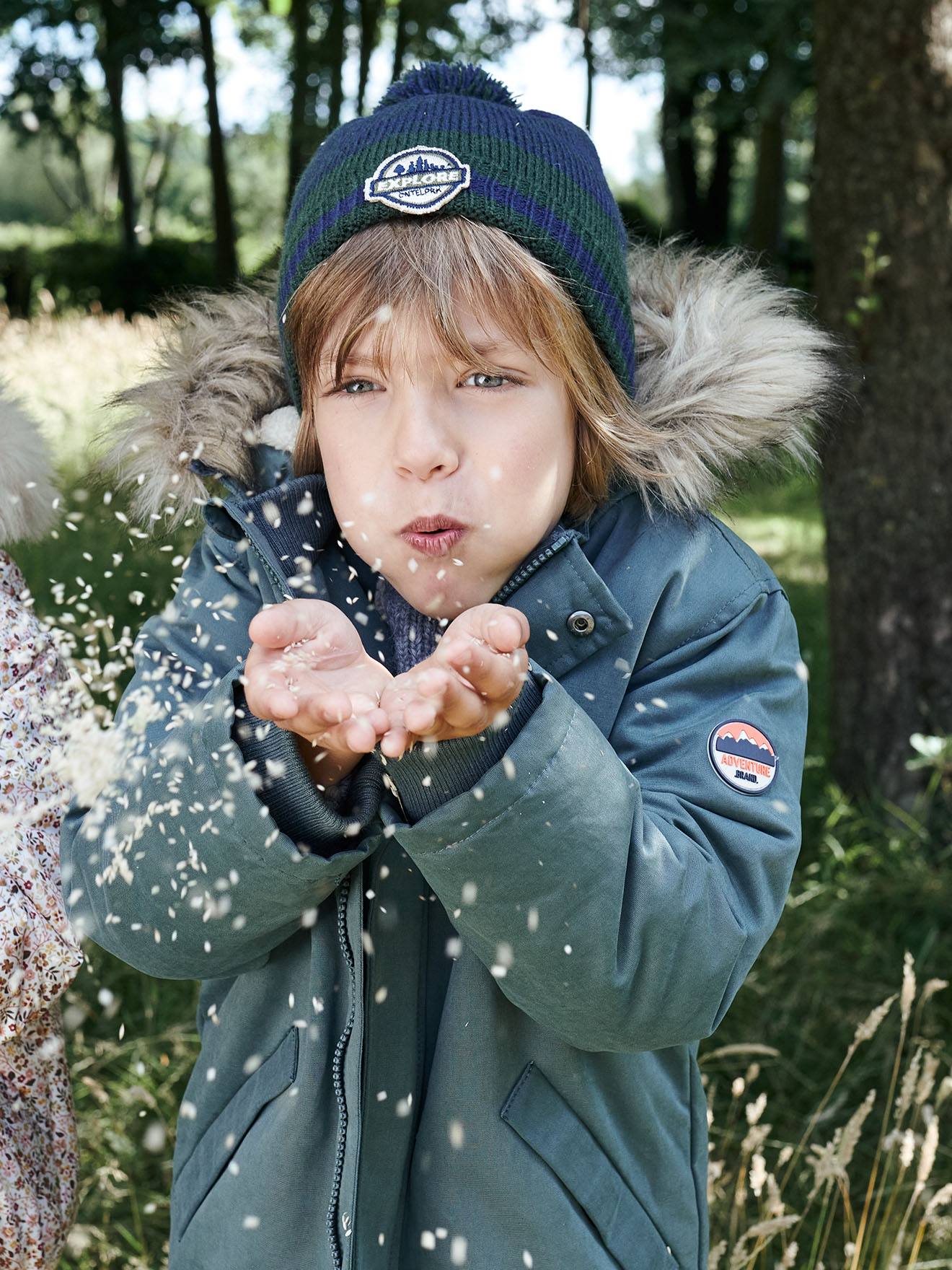 Parka à capuche doublée sherpa garçon vert de gris