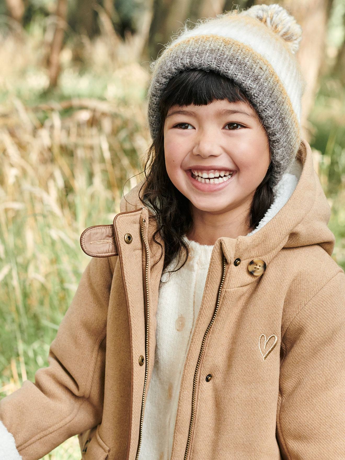 Manteau à capuche fille drap de laine doublé sherpa chamois