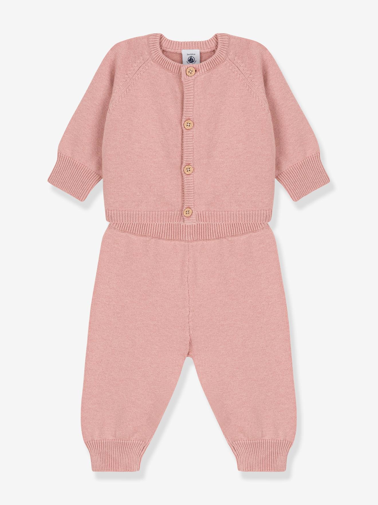 Ensemble 2 pièces bébé en tricot laine et coton rose