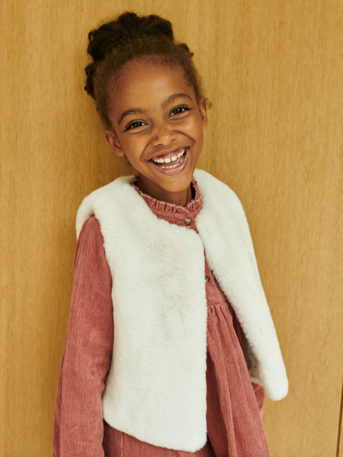 Gilet sans manches fille fausse fourrure blanc clair uni