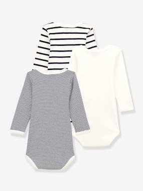 Petit Bateau - Lot De 3 Bodies Manches Longues Bébé - Imprimé Cœurs Pailletés Et Uni - Coton Extensible - Boutons Pression