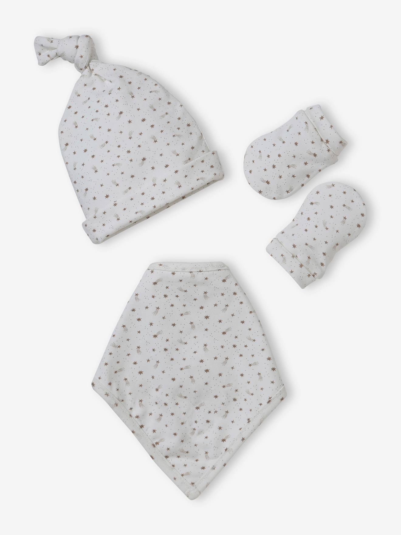 Ensemble bonnet + moufles + foulard + sac bébé fille imprimé personnalisable écru (Vertbaudet) - Image 1