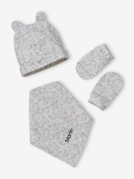 Vertbaudet - Ensemble bonnet + moufles + foulard + sac bébé imprimé personnalisable taupe